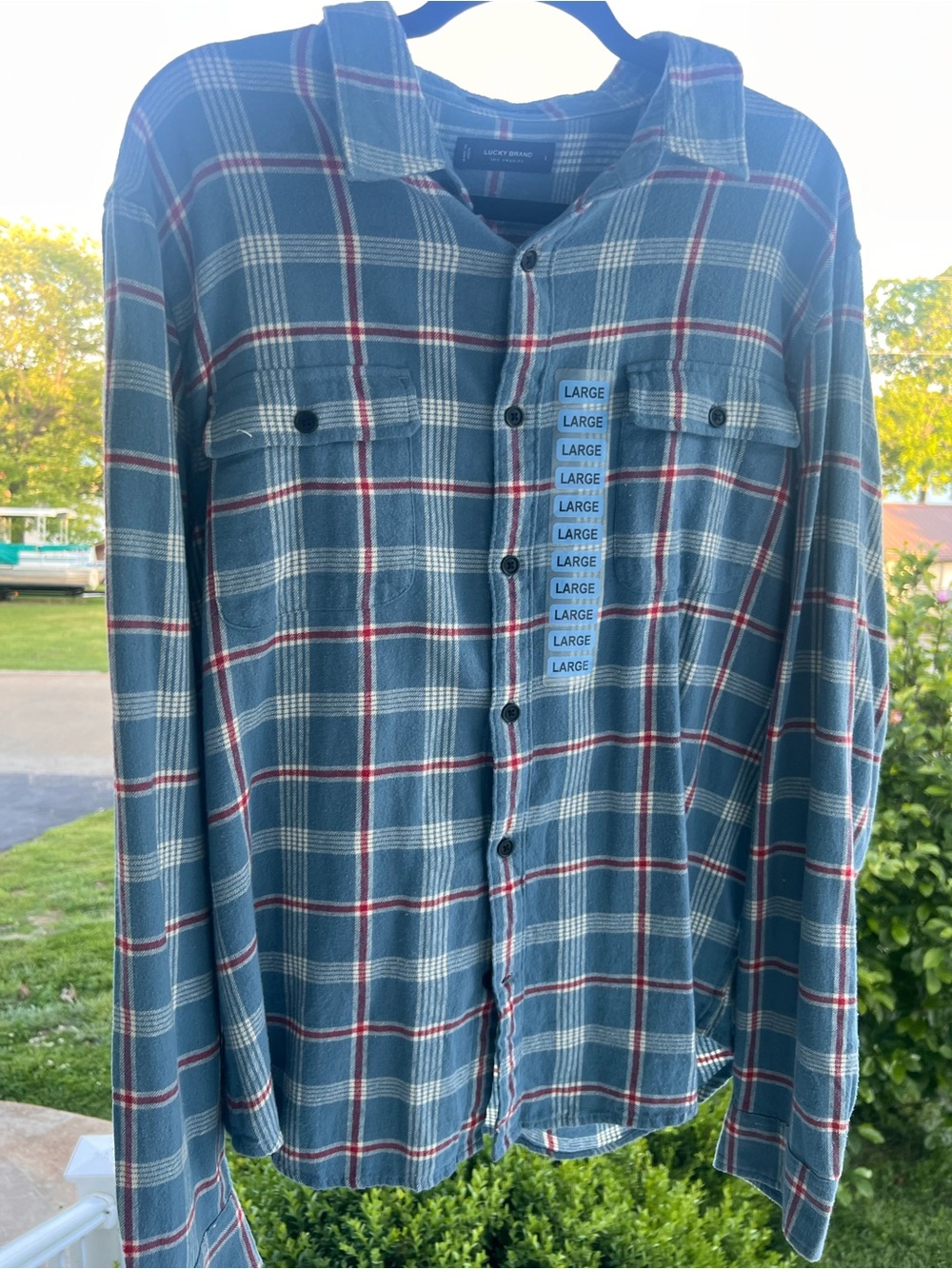Lucky Brand Teal Plaid Button-Down Shirt with White and Red Stripes